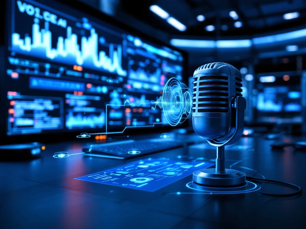 Futuristisch telecommunicatiecentrum met holografische schermen van stem-AI-golfvormen, moderne microfoon en blauwe neurale netwerkpatronen in professionele verlichting.