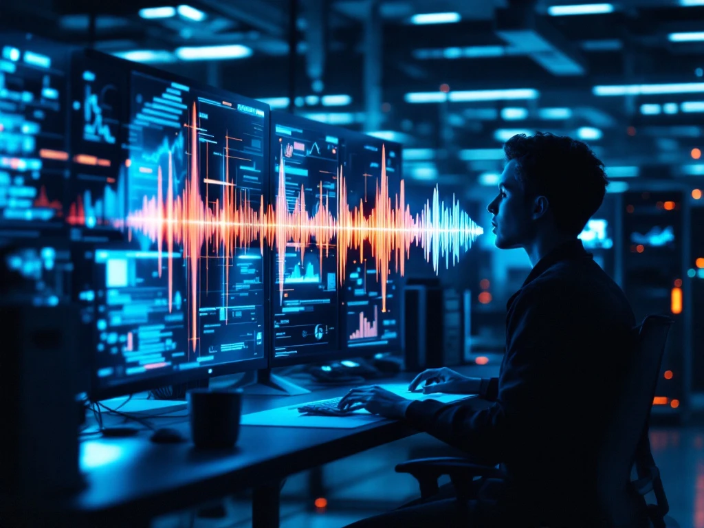 Futuristische werkplek met silhouet van persoon die spreekt in microfoon, terwijl blauwe en oranje geluidsgolven naar AI-apparatuur stromen op digitale schermen.