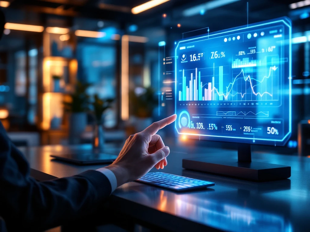 Holografisch dashboard met kleurrijke datavisualisaties zweeft boven modern bureau met touchscreens en blauwe glasvezelkabels