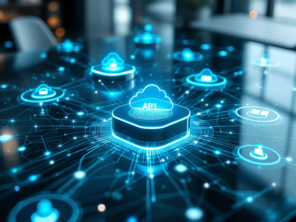 Glazen conferentietafel met holografische platforms in blauw en cyaan die cloudservices, API's en datastromen tonen