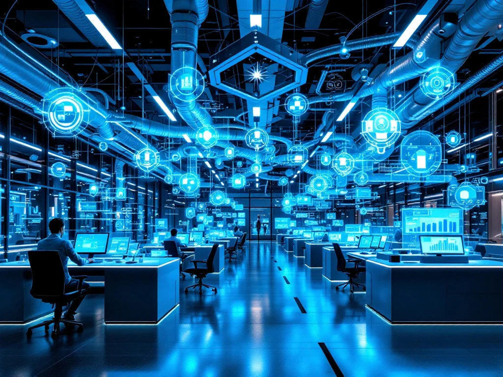 Futuristisch klantenservicecentrum met holografische interfaces, robotarmen en datastroom visualisaties in blauw-zilver tinten