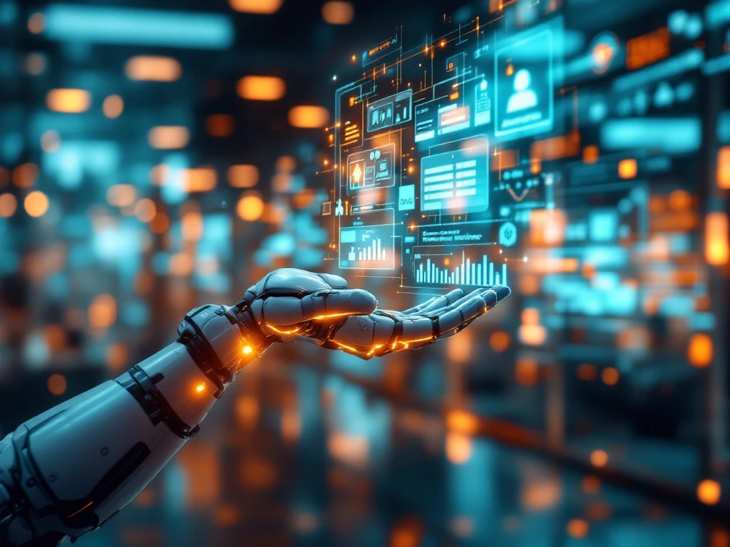 Modern klantenservicecentrum met holografische schermen en robotarm die geautomatiseerde workflows in blauw licht toont