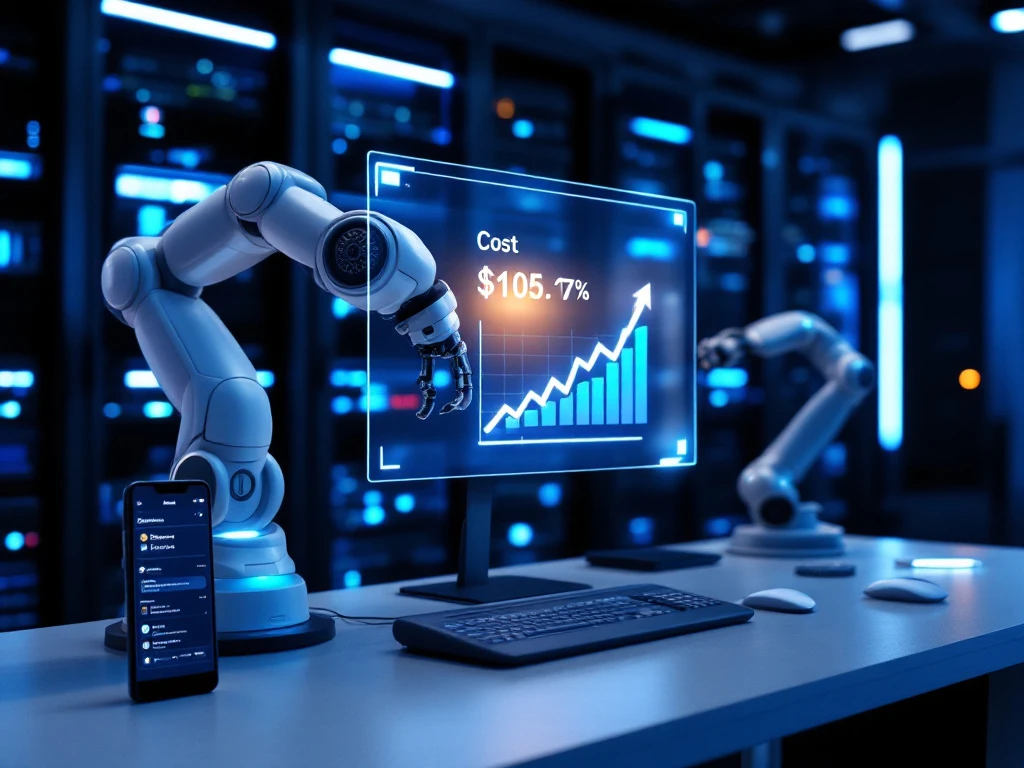 Moderne klantenservice-automatisering met robotarm en digitale interface naast traditionele headsets, kostenanalyse en chatbot op smartphone in professionele blauwtinten.