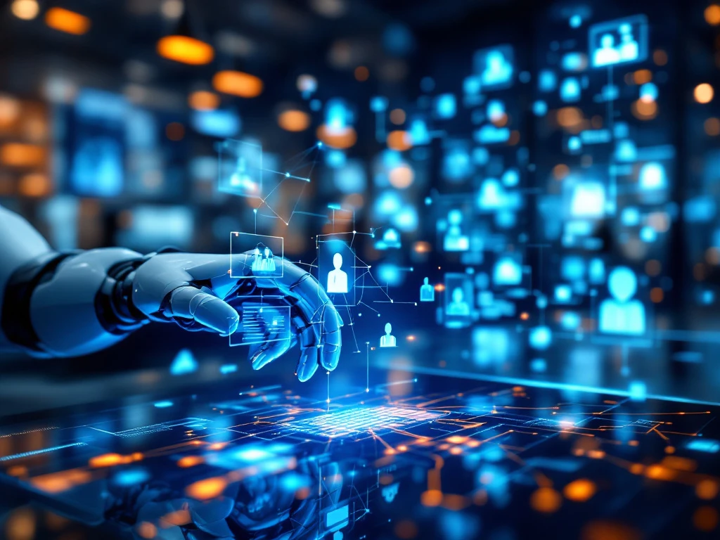 Robothand past zwevende klantprofielen aan in modern klantenservicecentrum met holografische displays en glasvezelnetwerk