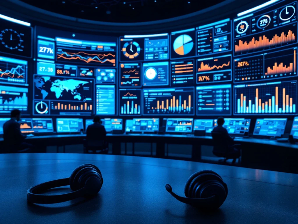 Modern klantenservice controlekamer met digitale schermen, werkstations met blauwe en oranje verlichting, headset en realtime gegevensvisualisaties voor 24/7 service.