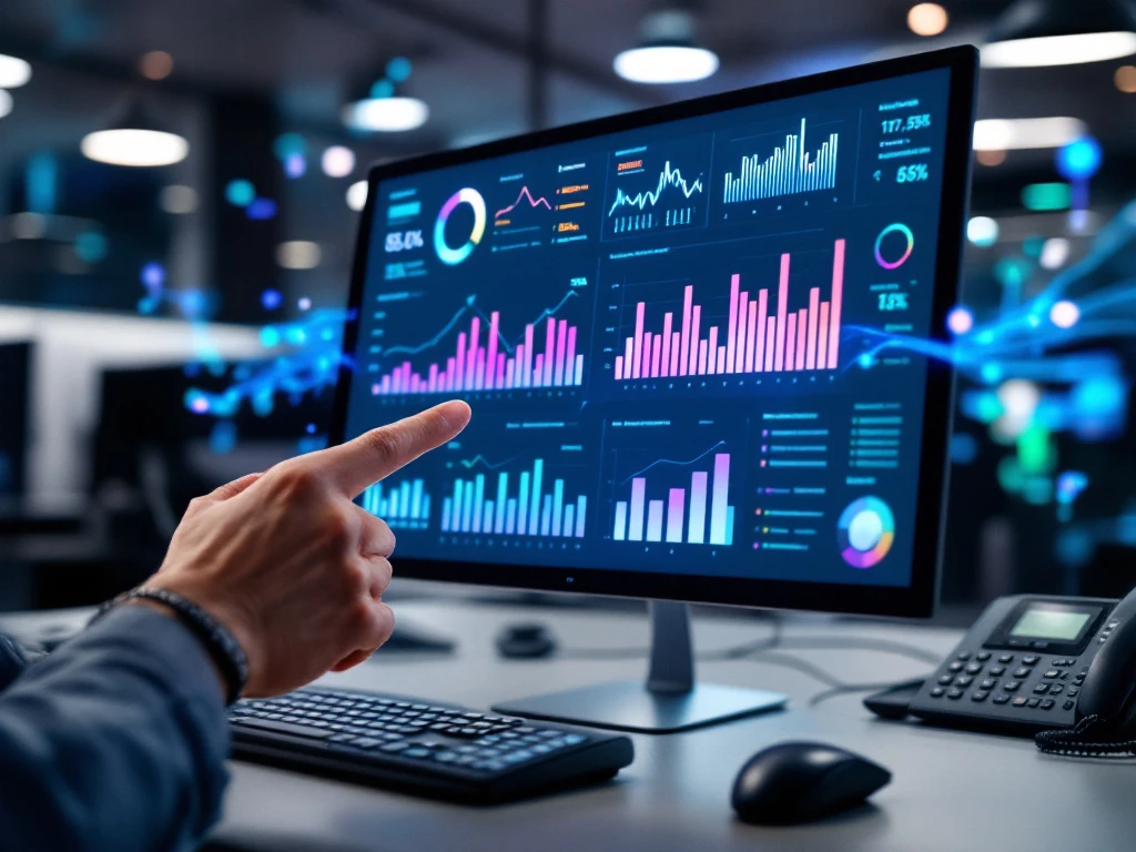 Modern datavisualisatie-dashboard met klantenservice-analyses op computerscherm, professionele hand wijst naar belangrijke statistieken in een callcenteromgeving.