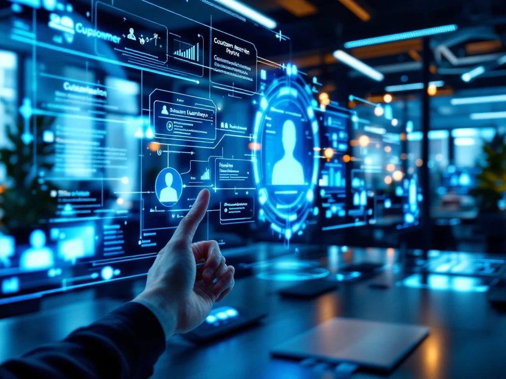 Modern klantenservicecentrum met blauwe digitale interfaces, Nederlandse klantprofielen en een holografische klantreis-kaart. Sound of Data-branding op geavanceerde communicatietechnologie.