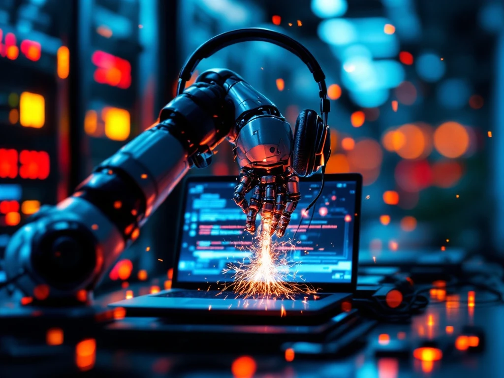 Defecte robotarm met headset vonkt boven gebarsten computerscherm met rode foutcodes, serverracks op achtergrond