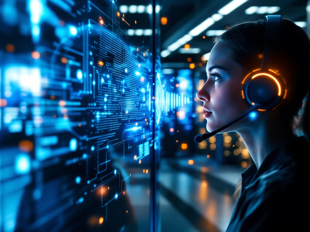 Geavanceerd klantenservicecentrum met spraakherkenning, gevisualiseerd door geluidsgolven die van een persoonsilhouet naar computersystemen stromen met holografische interfaces.