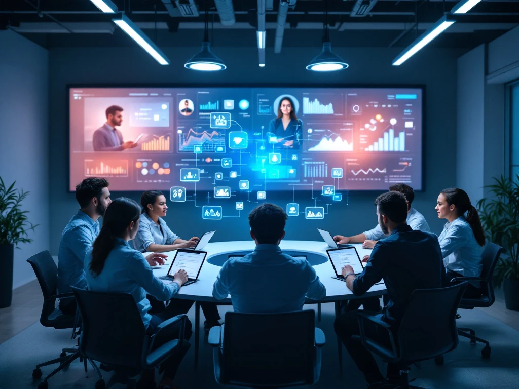 Modern trainingsruimte met divers team rond tafel, digitale schermen met klantenservice-interfaces en holografische projecties in Sound of Data's blauwe omgeving.