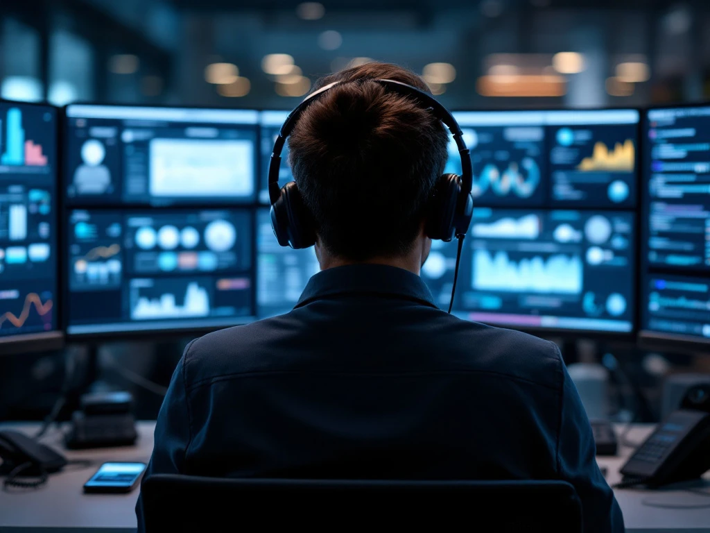 Klantenservicemedewerker met headset voor digitale schermen met klantgegevens, chatinterfaces en analyses in een moderne callcenter-omgeving.