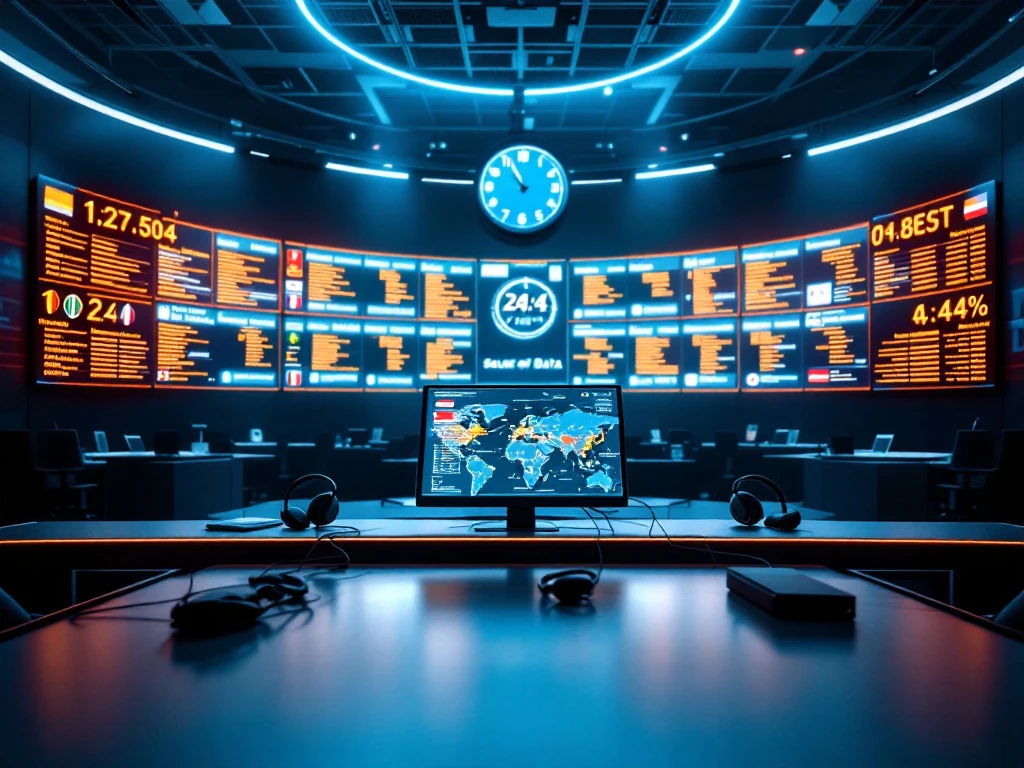 Modern klantenservicecentrum met meertalige schermen, telecommunicatiehub, wereldklok en internationale headsets in blauw-oranje verlichting, voor 24/7 mondiale ondersteuning.