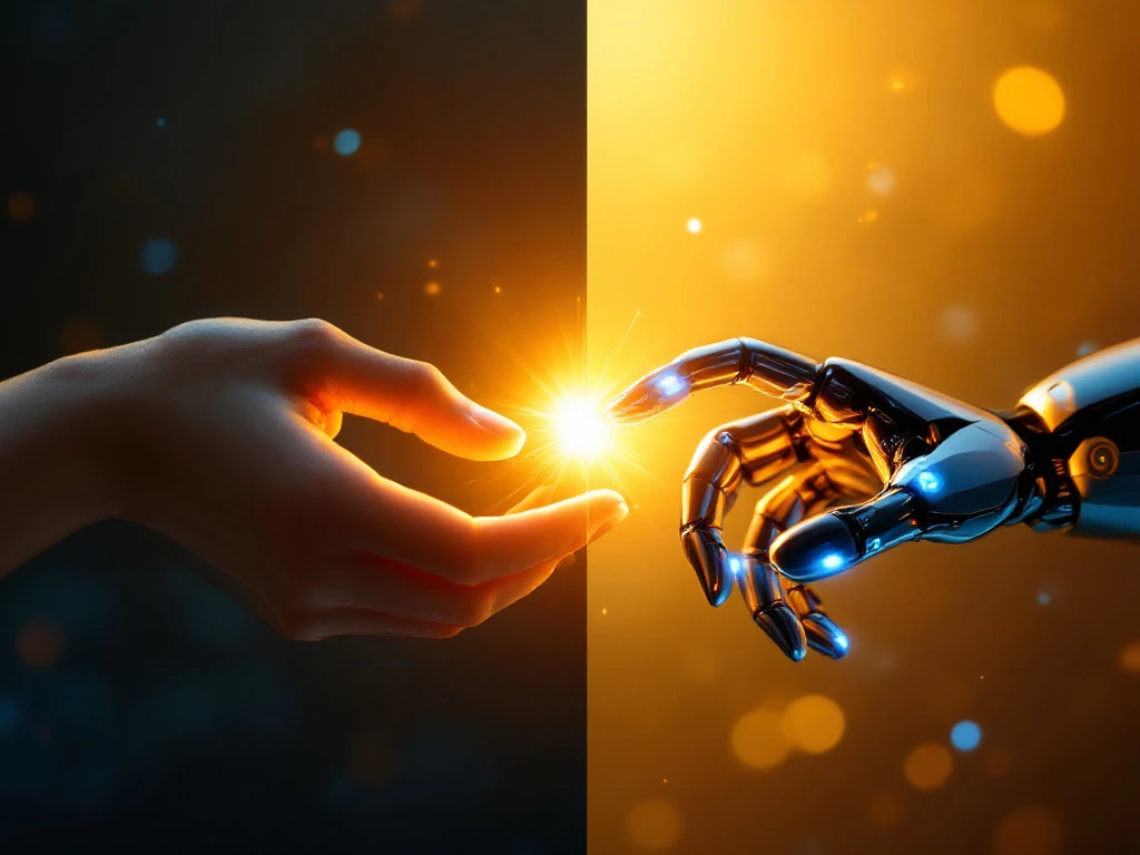 Menselijke hand en robothand raken elkaar bijna aan met vonk, warme en koele kleuren symboliseren mens-technologie verbinding