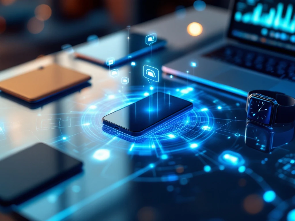 Moderne glazen bureau met smartphone, tablet, smartwatch en laptop verbonden door blauwe lichtstralen in netwerkpatroon