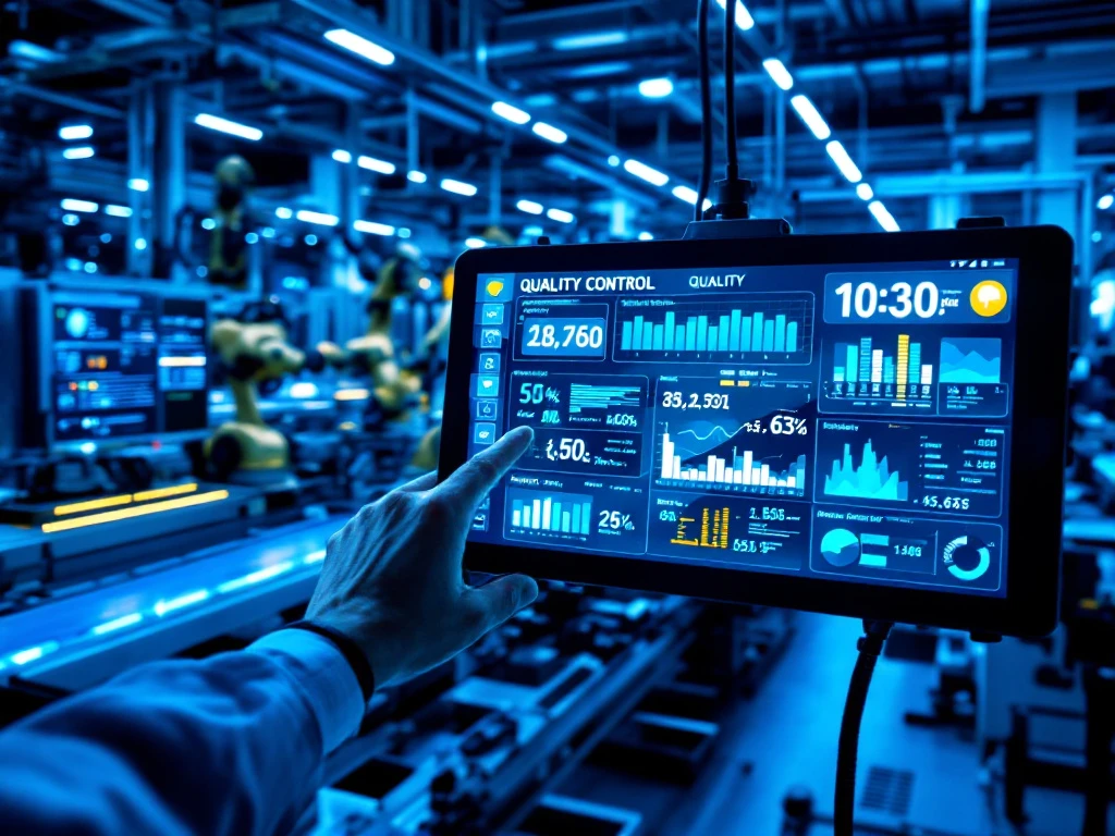 Moderne geautomatiseerde fabrieksvloer met robotarmen en een menselijke hand die kwaliteitscontrole aanpast op een touchscreen met prestatiegegevens.