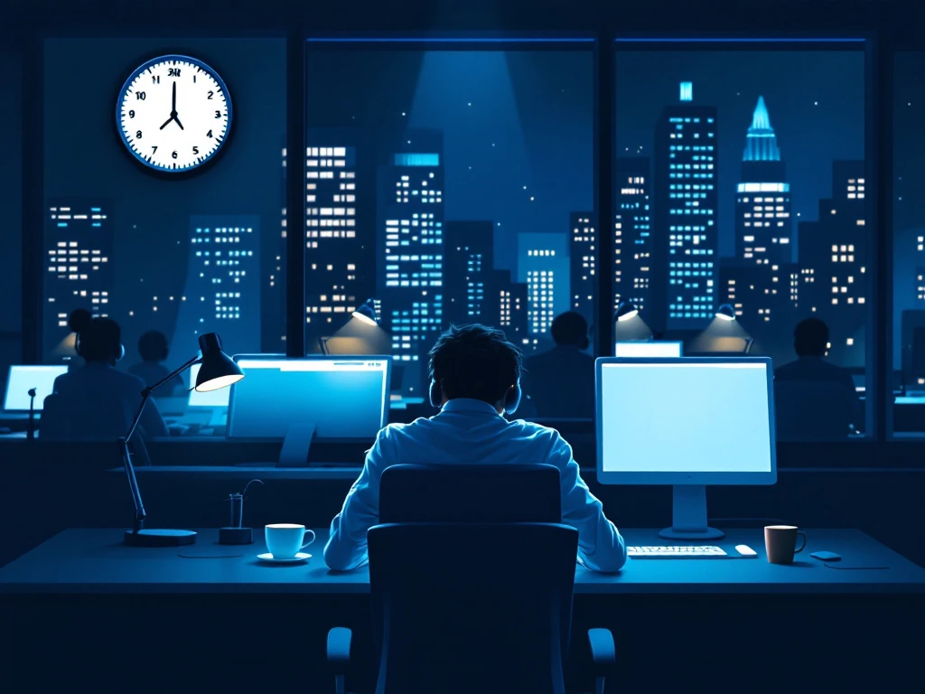 Uitgeputte klantenservicemedewerker in nachtelijk callcenter om 3:00 uur, omringd door verlichte werkplekken en stadslichten die door de ramen schijnen.
