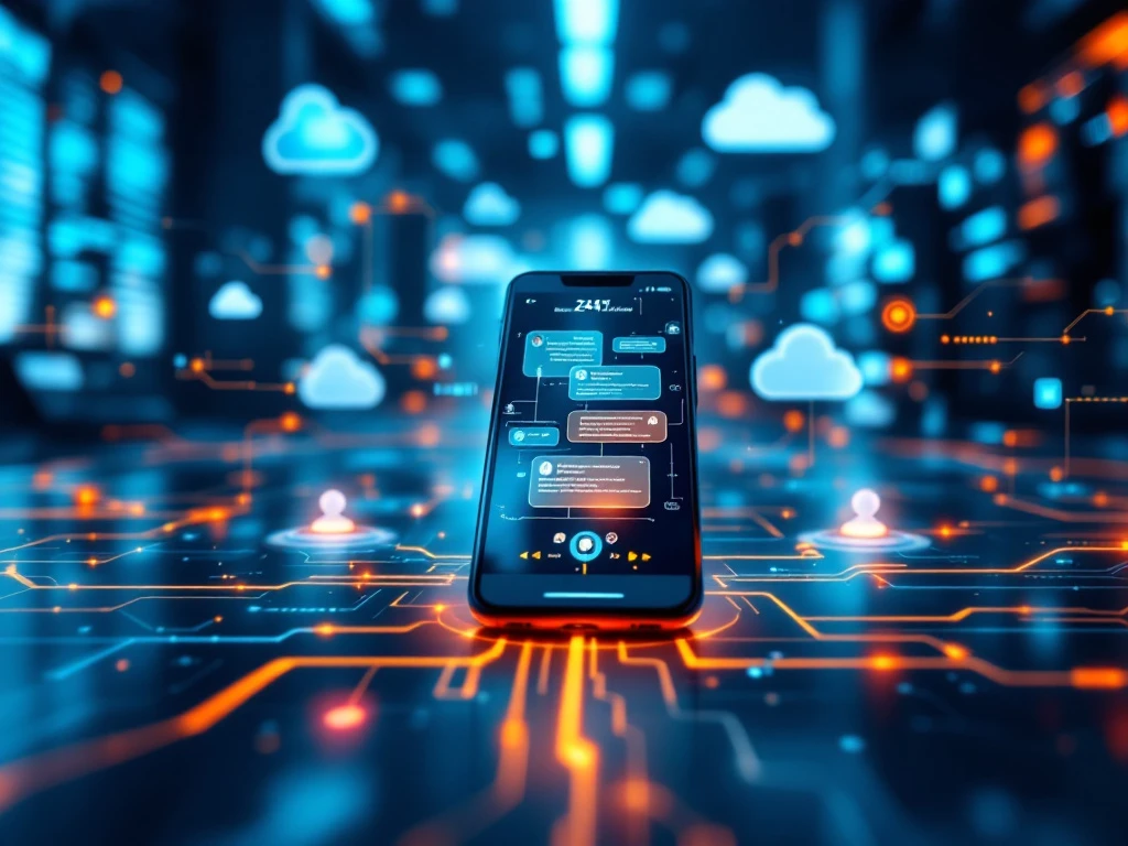 Modern klantenservice hub met meerdere communicatiekanalen, smartphone met persoonlijke berichten, holografische interfaces en Sound of Data kleuren in een professionele werkruimte.