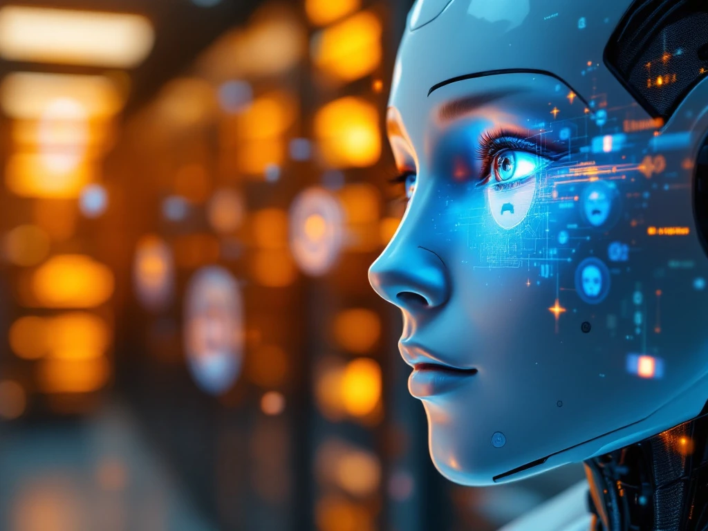 Robot analyseert holografische emotie-indicatoren met gloeiend blauw oog, geometrische gezichtspatronen zweven in serverruimte