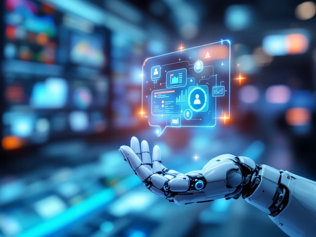 Robothand houdt holografisch spraakbericht met data en klantenservice-iconen in hightech controlekamer