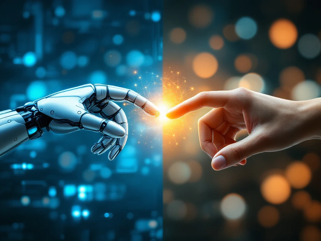 Robothand en menselijke hand reiken naar elkaar met gloeiende data-orb ertussen, symboliseert technologie-mens verbinding