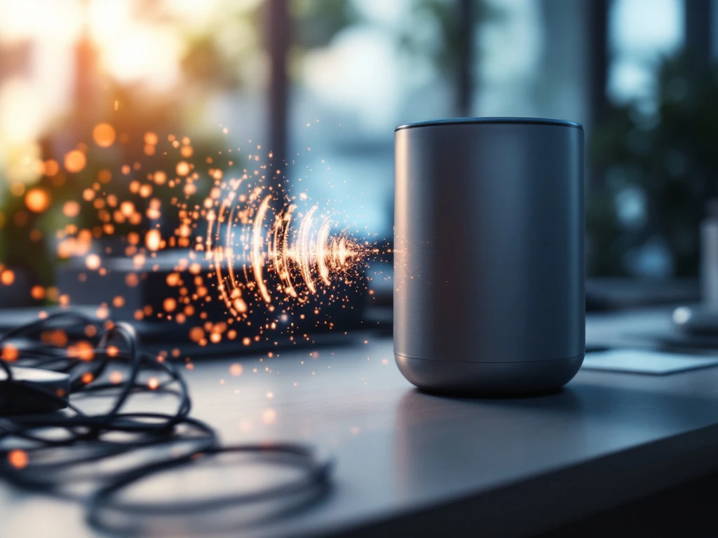 Slimme speaker met gefragmenteerde geluidsgolven die digitale deeltjes worden, symboliseert AI-miscommunicatie op modern bureau