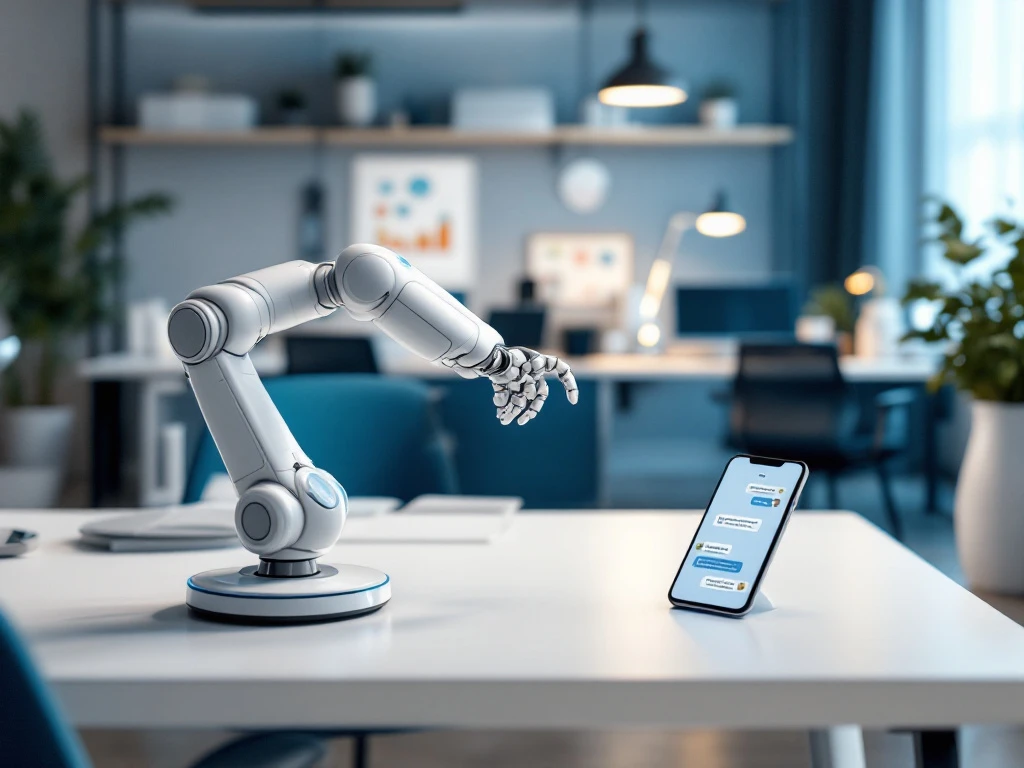 Modern klantenservice-automatisering in een klein kantoor met robotarm bij smartphone, werkplekken met telecommunicatieapparatuur en efficiëntiegrafieken onder blauw licht.