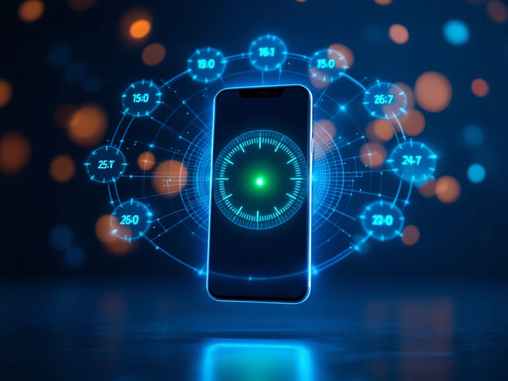 Moderne smartphone omringd door holografische klokken met tijdzones, verbonden door lichtstralen tegen donkerblauwe achtergrond