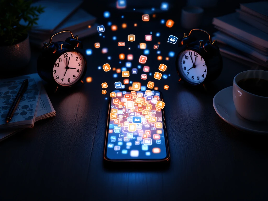 Smartphone op donker bureau overspoeld door meldingen, omringd door wazige wekkers en papieren, blauw-oranje gloed