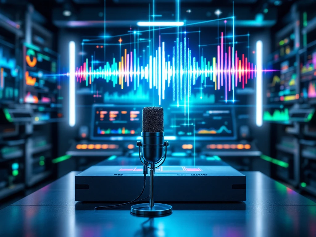 Holografische stemgolfvorm boven hightech testconsole in modern laboratorium met transparante schermen en frequentiepatronen