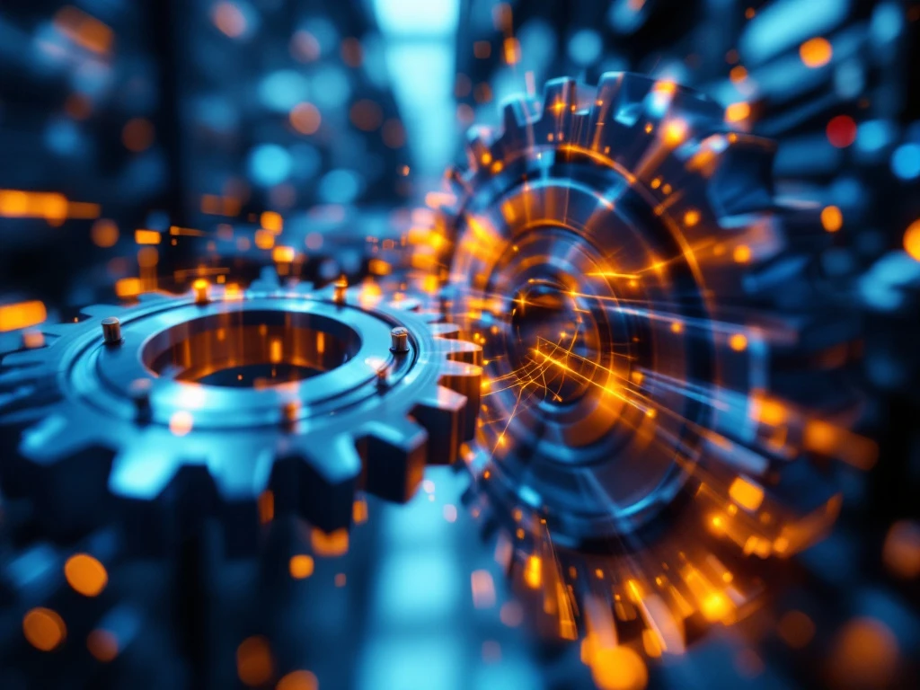 Metalen tandwielen verbonden met blauwe en oranje holografische datastromen, symboliserend systeemintegratie en automatisering