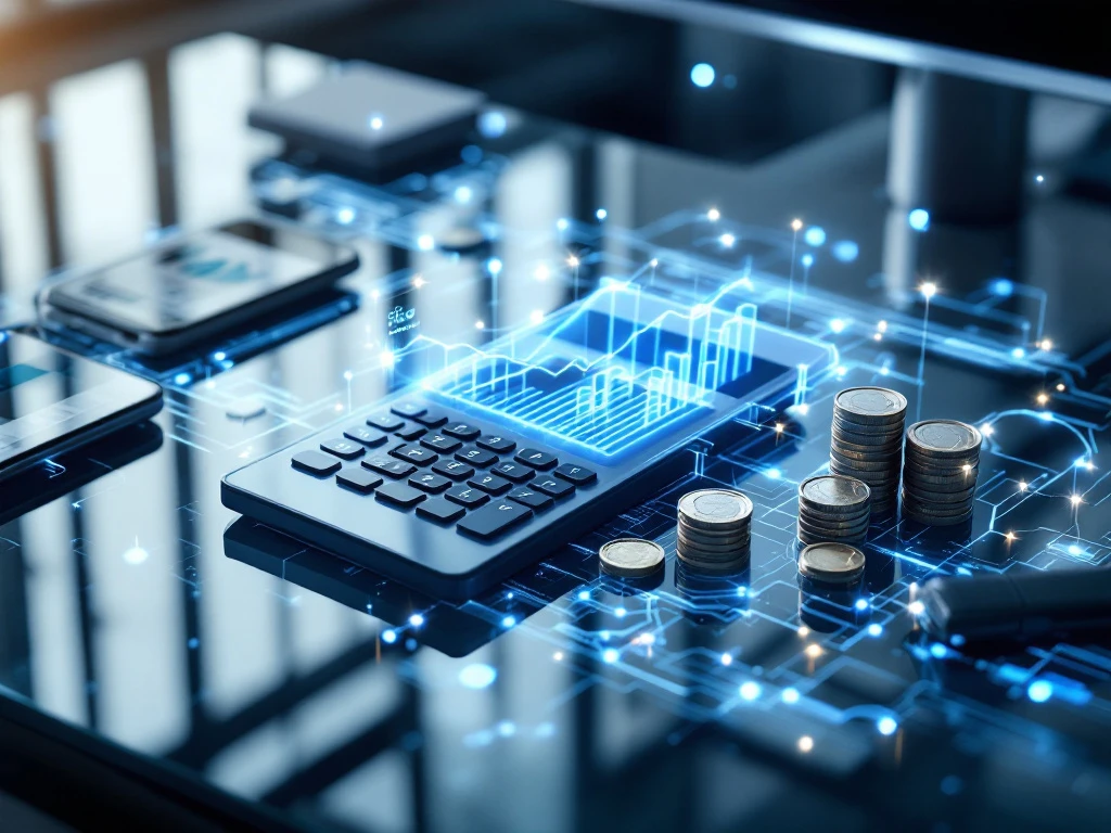 Calculator met kostengrafieken op glazen bureau, omringd door blauwe holografische netwerkknooppunten en glasvezelkabels