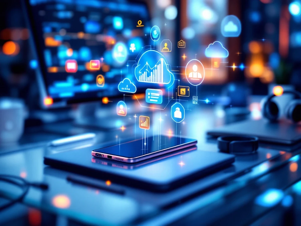 Moderne werkplek met smartphone, tablet en laptop op glazen bureau, omgeven door draadloze apparaten en holografische datavisualisaties in professionele blauw-oranje verlichting.