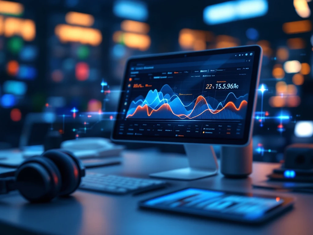 Geavanceerd voice AI-dashboard met 3D-grafieken in Sound of Data-kleuren, professionele headset en tablet met prestatiemetrieken in een high-tech omgeving.