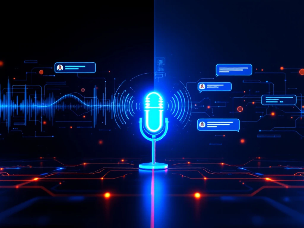 Split-screen vergelijking tussen voice AI met blauwe microfoon en chatbot met berichtbubbels, verbonden door een telecommunicatienetwerk in blauw-oranje tinten.