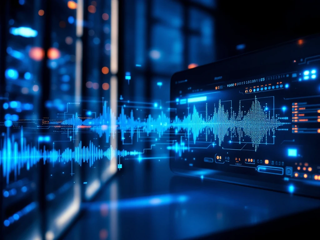 Geavanceerd spraak-AI-systeem in moderne kantooromgeving met digitale geluidsgolven tussen smartphone en serverrack, verlicht door blauwe en oranje accenten.