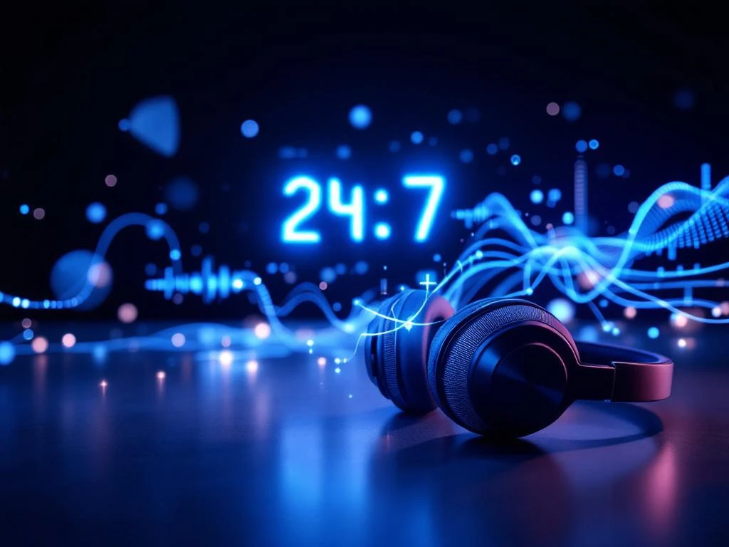 Moderne headset met 24/7 digitale klok en holografische geluidsgolven in cyaanblauw tegen donkere achtergrond


---

**Note:** The alt text exceeds 125 characters. Here's a shorter version:

Headset met 24/7 digitale klok en holografische geluidsgolven in cyaanblauw op donkere achtergrond