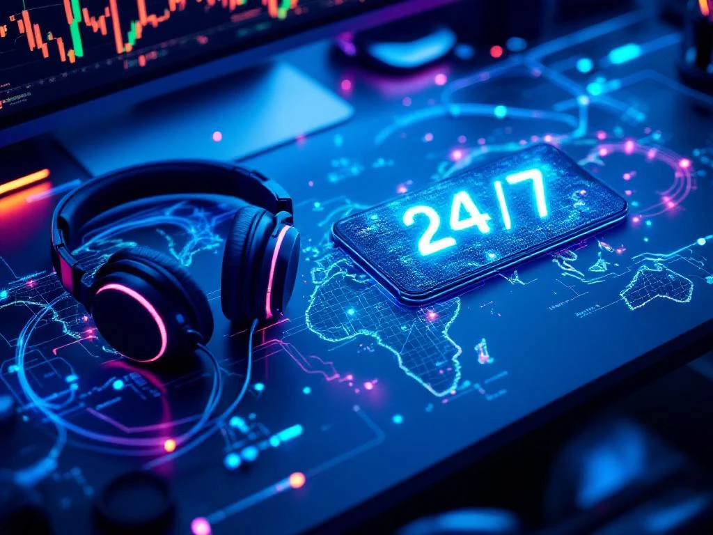 Modern bureau met headset en smartphone met 24/7 display, omringd door glasvezelkabels en wereldkaart in blauw-paars licht