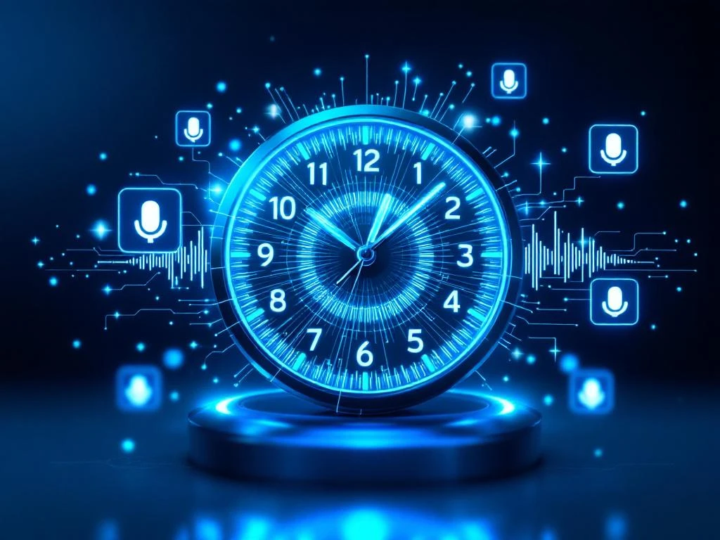 24-uurs klok met gloeiende geluidsgolven en holografische spraakassistent-iconen op blauwe achtergrond