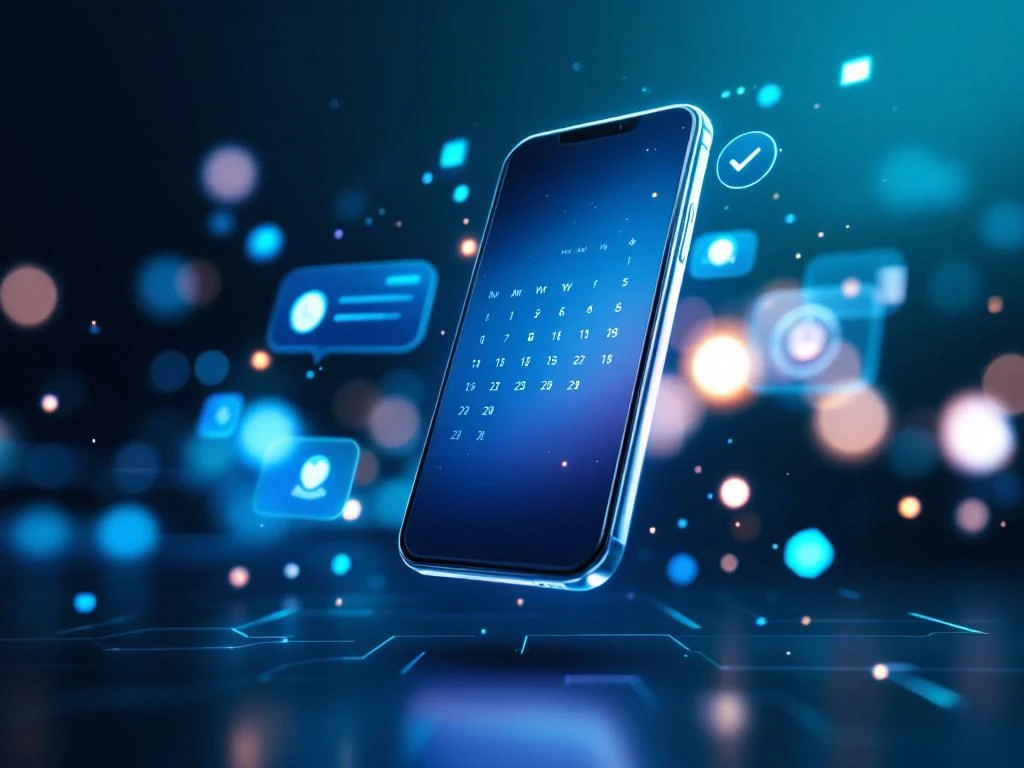 Smartphone met automatisch invullende agenda-interface, omringd door holografische chatbubbels met AI-technologie achtergrond