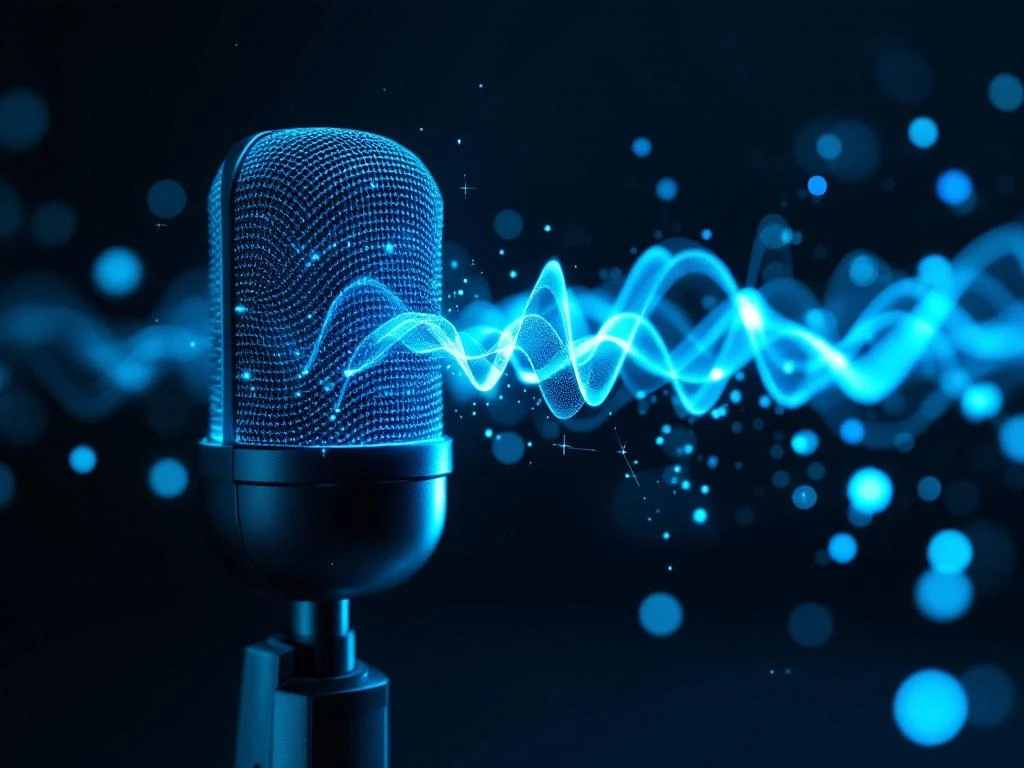 Moderne microfoon met gloeiende AI-geluidsgolf in blauw en turkoois met digitale deeltjes en datastromen