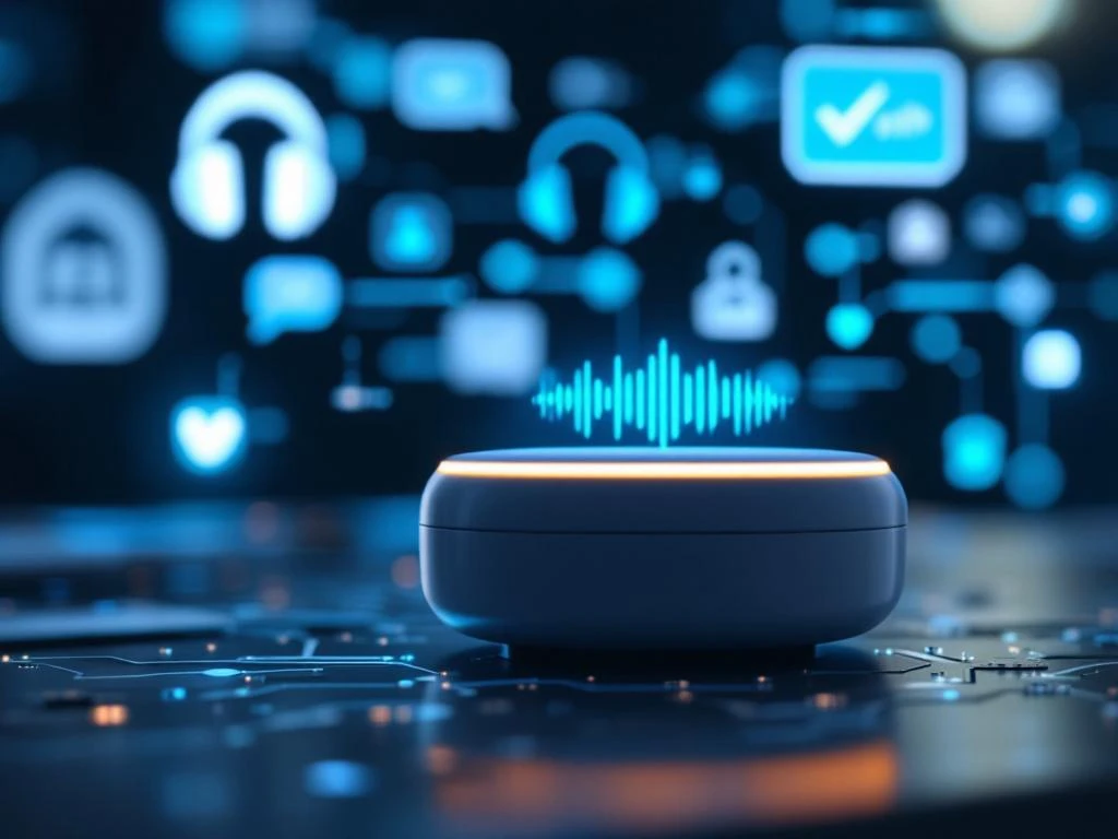 Moderne voice assistant apparaat met blauwe geluidsgolven op bureau met holografische klantenservice iconen op achtergrond