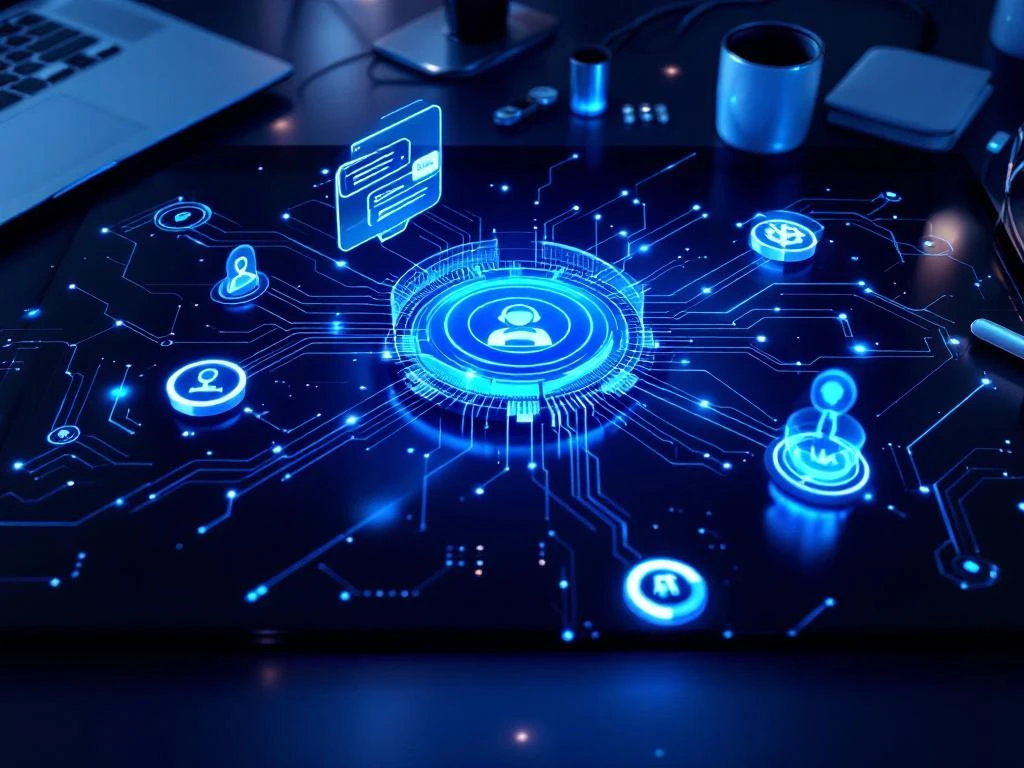 Holografische interface met geautomatiseerde klantenservice flows, AI-knooppunten en blauwe circuitpaden op modern bureau