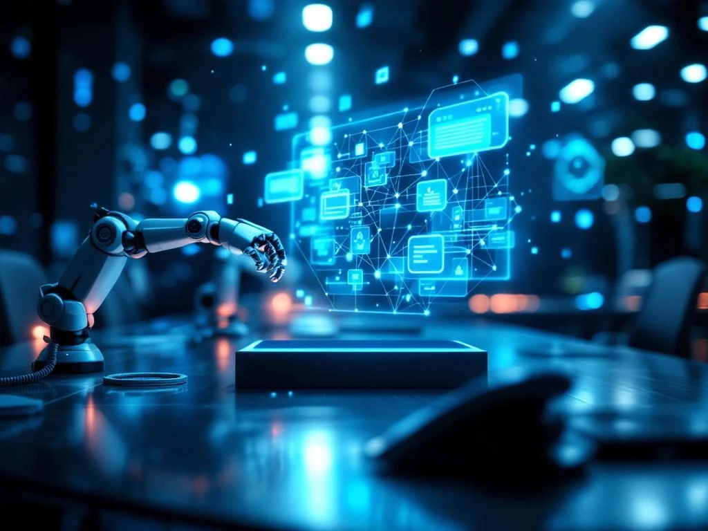 Futuristisch klantenservice commandocentrum met holografische AI-interface, robotarmen en telecommunicatietechnologie in blauw licht