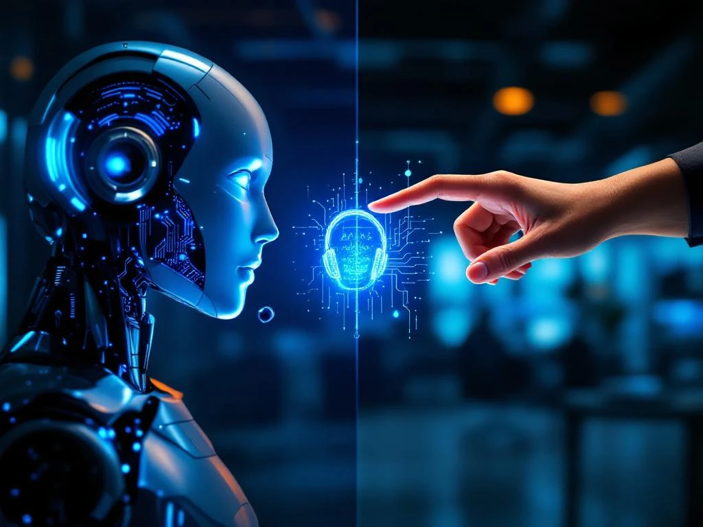 Robot en menselijke hand reiken naar elkaar over klantenservice headset, AI technologie ontmoet menselijke interactie