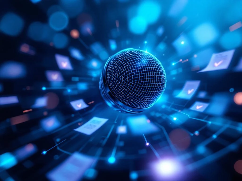 Metallic AI-microfoon omringd door holografische juridische documenten en compliance-vinkjes met digitale circuits


```
Character count: 119
```