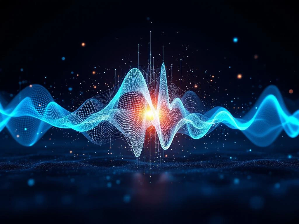 3D holografische AI-stemgolfvisualisatie in blauw en teal, evoluerend van chaotisch naar geoptimaliseerd patroon