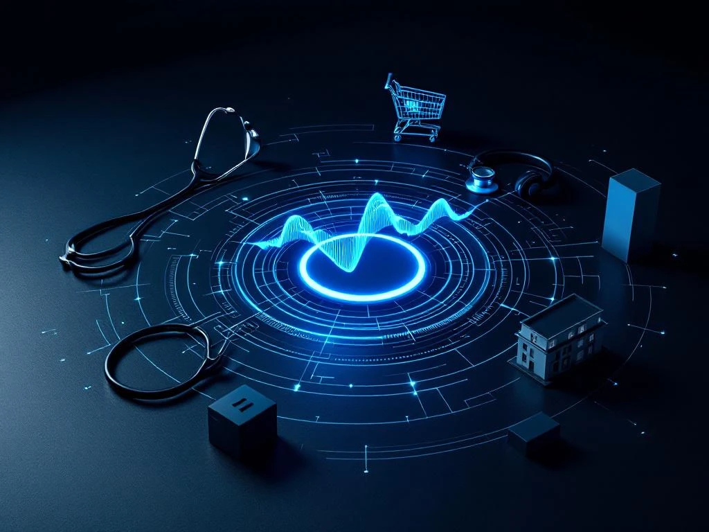 AI-stem hologram omringd door gezondheidszorg, klantenservice, retail en vastgoed symbolen op donker werkblad