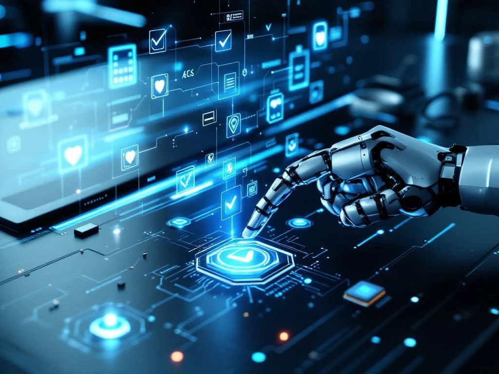 Robotarm activeert compliance-checklist op holografisch display in moderne controleruimte met blauwe verlichting