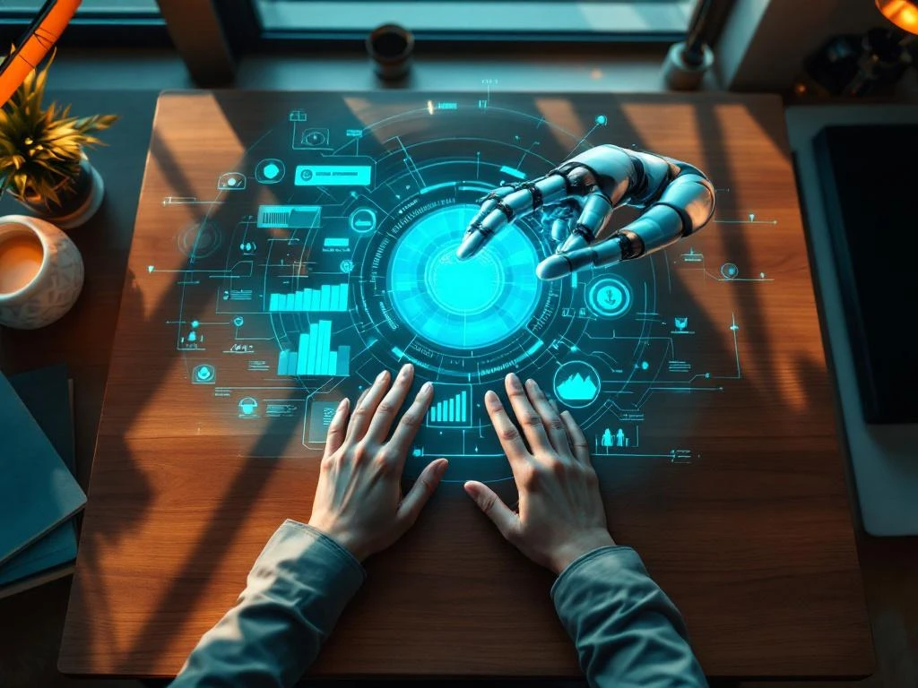 Menselijke handen en robotarm boven holografische interface met datastromen op modern bureau