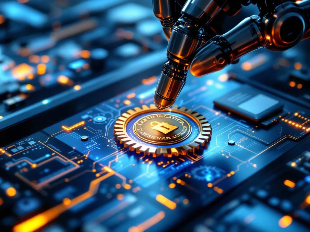 Certificeringsbadges en linten op metalen oppervlak met robotarm die gouden stempel vasthoudt, holografische zegels zichtbaar